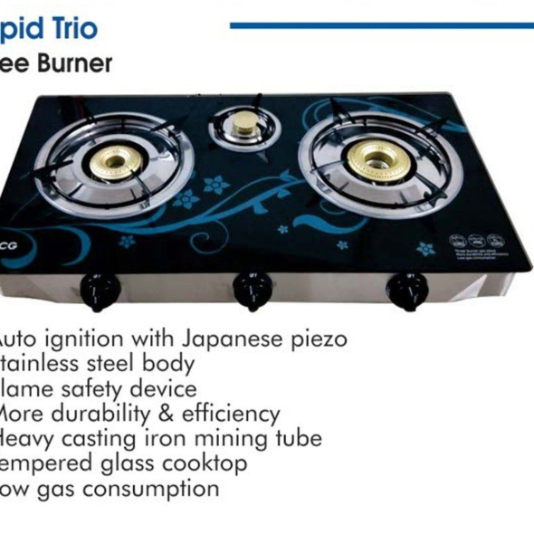 CG Gas Stove 3 Burner GLASS TOP  Rapid Trio
